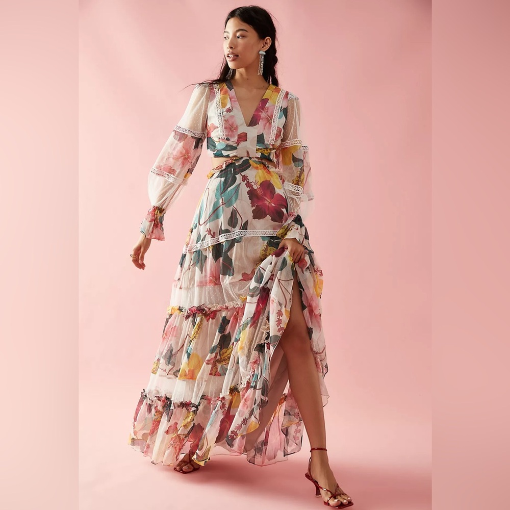 PatBO Hibiscus Lace Trim Cut Out Maxi Dress